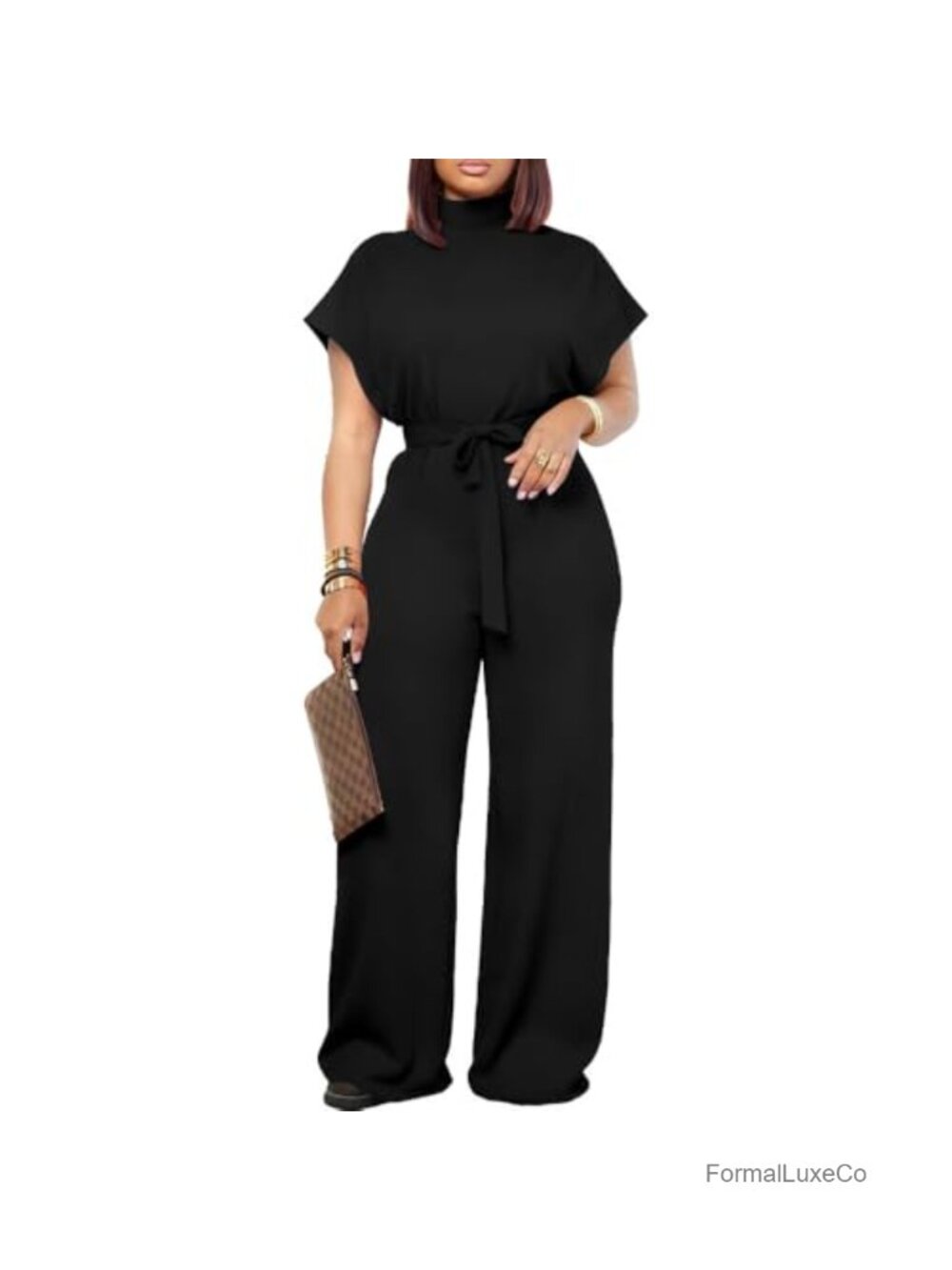Women's Wide Leg Jumpsuit Mock Neck Self-Tie Belt Dressy